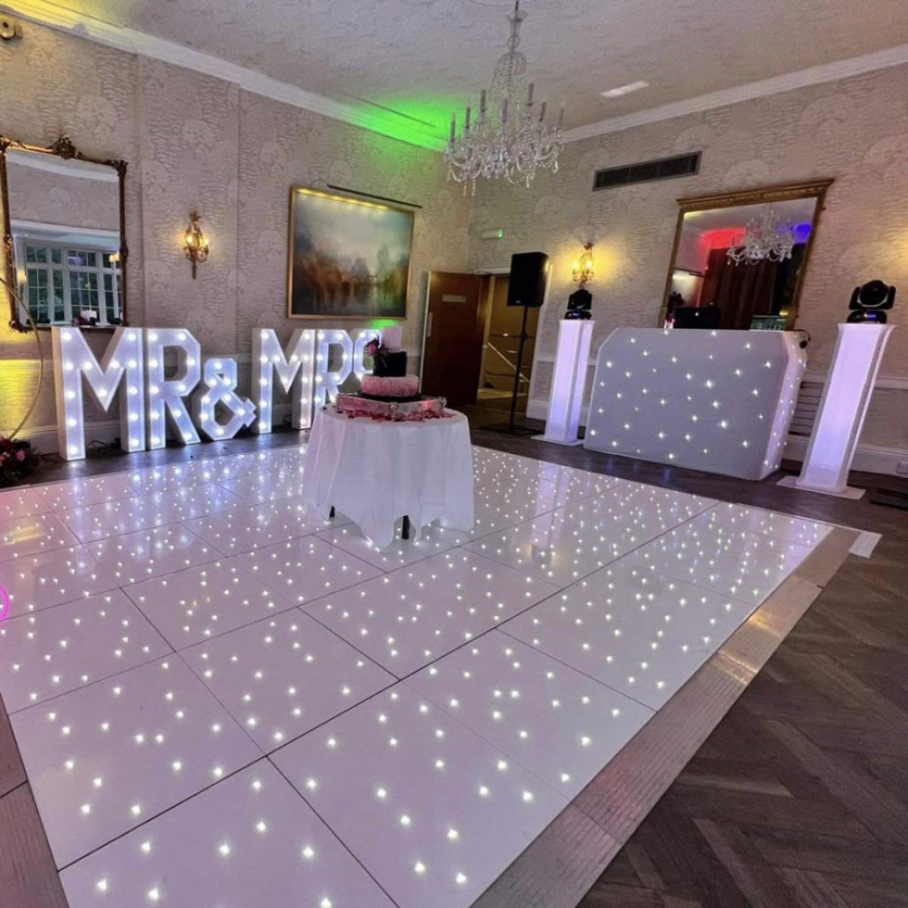 Image showcasing Nextwave Events & Hire's event equipment and services, including LED dancefloor hire, light-up numbers, light-up letters, staging, and special effects for weddings, birthdays, and events.